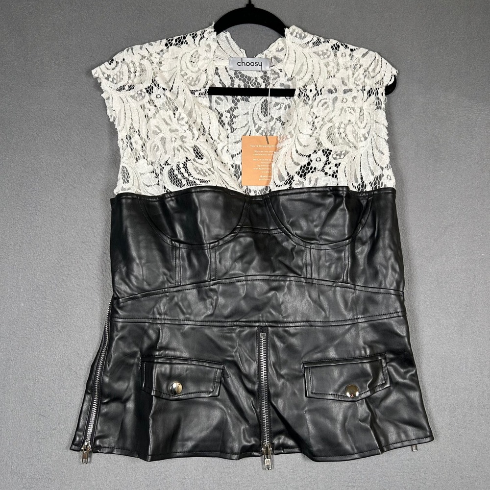 Choosy Top Womens 14 Black White Lace Faux Leather Moto Corset Zipper Tank